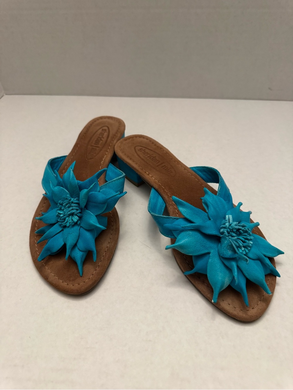 Sheridan Mia Brown Sandals with Teal Flower Accent